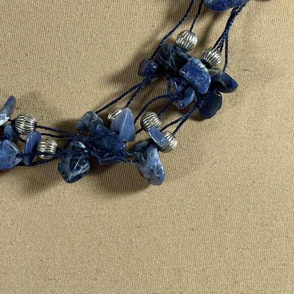 Avon Necklace Multistrand Blue Stone Chips Chunky Silver Beads Statement - Picture 2 of 4